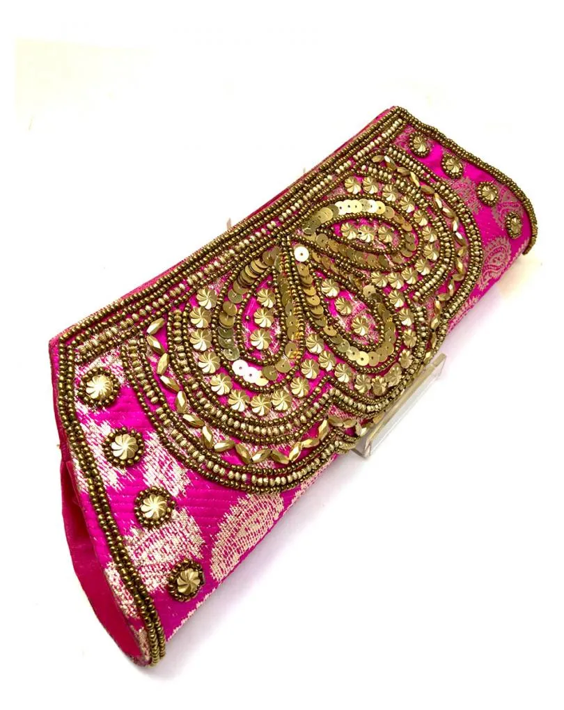 Fuchsia Ethnic Style Party Bags with Beaded Gemstones