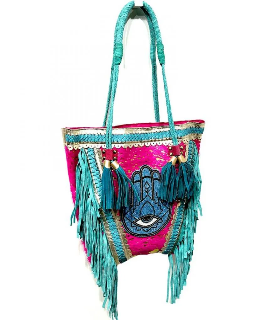 Fuchsia Leather Handbags with Fringes and Hamsa Hand, Boho Style.