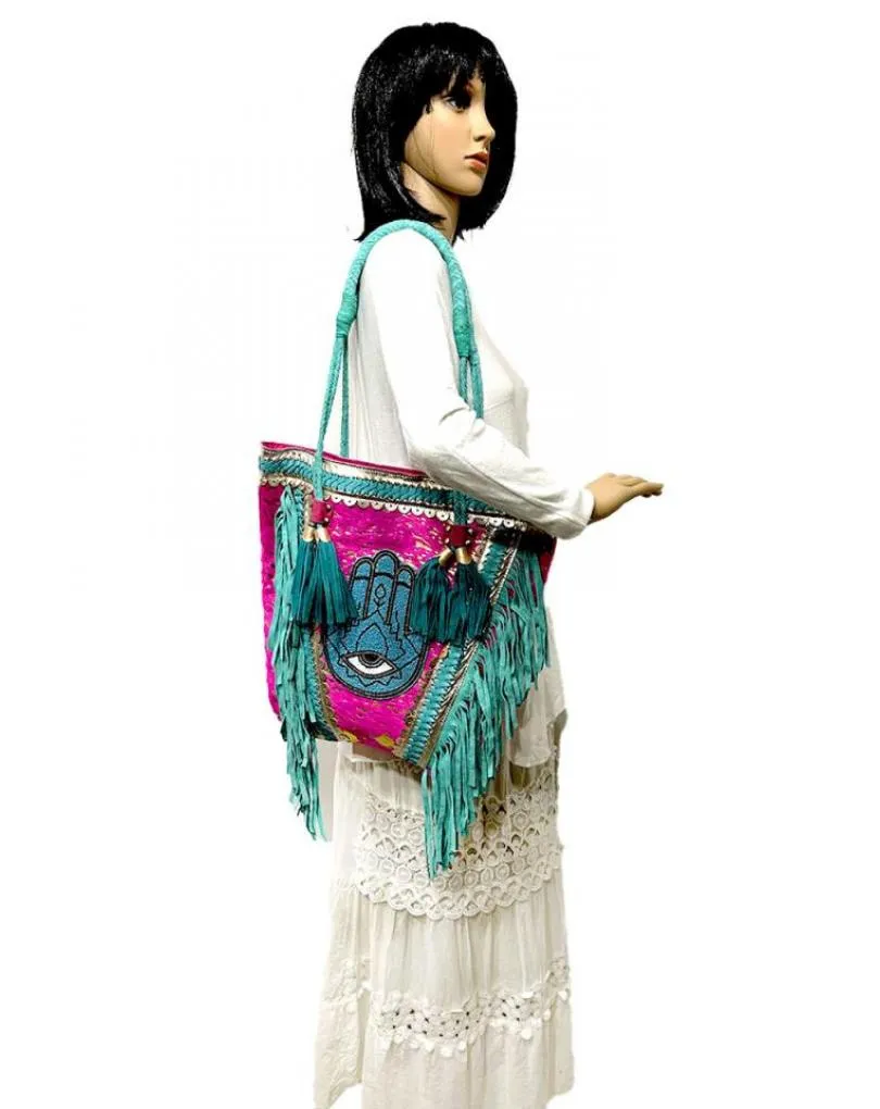 Fuchsia Leather Handbags with Fringes and Hamsa Hand, Boho Style.