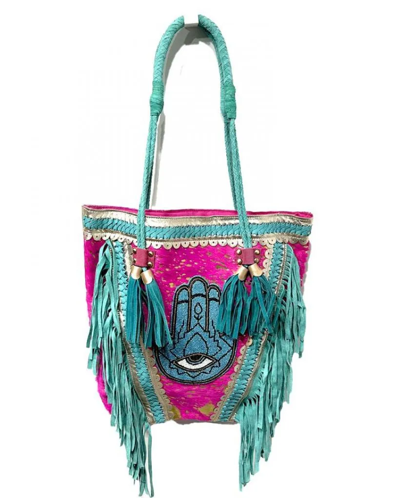 Fuchsia Leather Handbags with Fringes and Hamsa Hand, Boho Style.