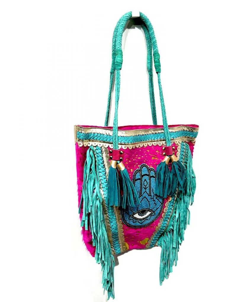 Fuchsia Leather Handbags with Fringes and Hamsa Hand, Boho Style.