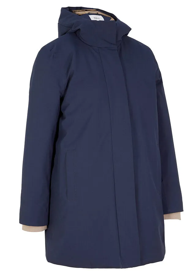 Functional navy blue hooded coat.