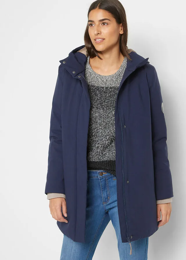 Functional navy blue hooded coat.