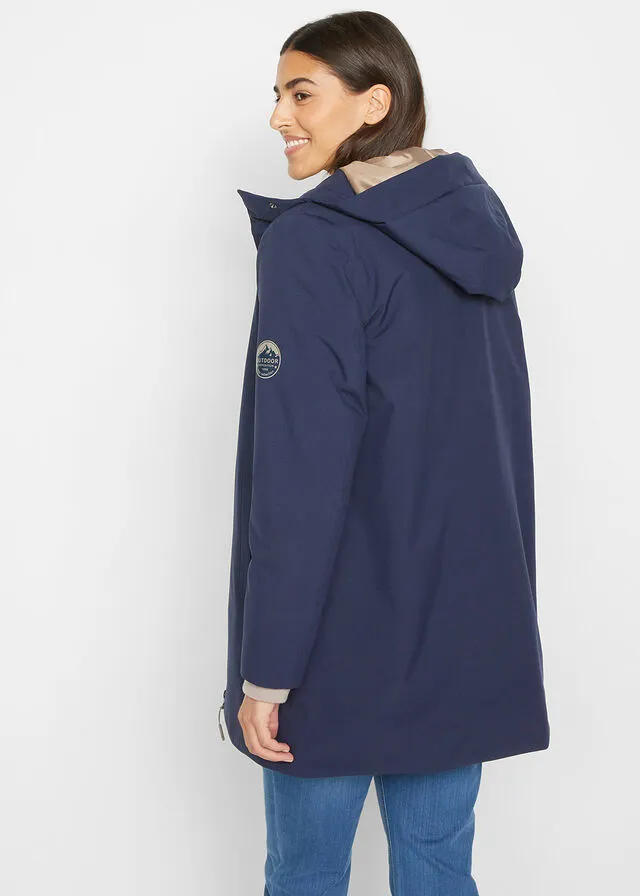 Functional navy blue hooded coat.