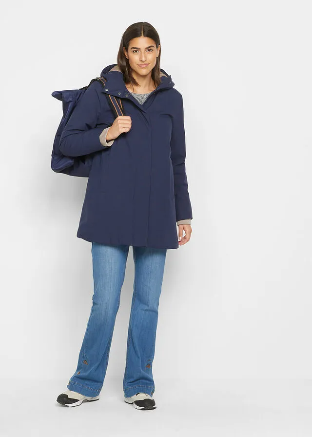Functional navy blue hooded coat.
