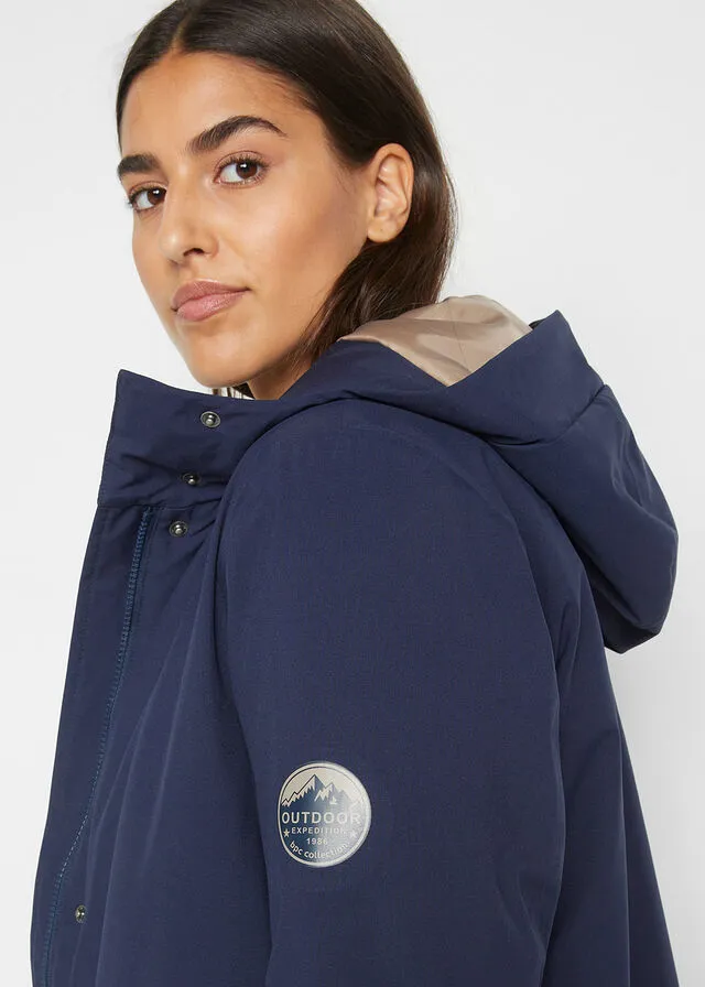 Functional navy blue hooded coat.