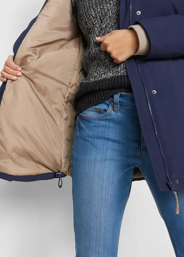 Functional navy blue hooded coat.