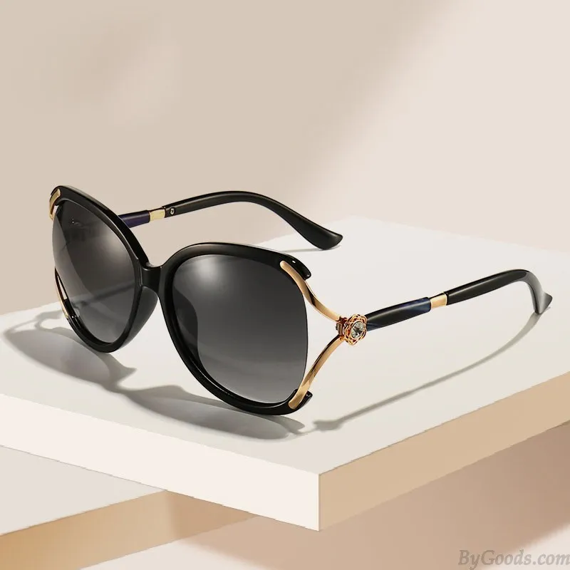 Gradient Polarized Large Frame Diamond Metal Sunnies For Shopping Driving UV Protection Oversize Women's Sunglasses