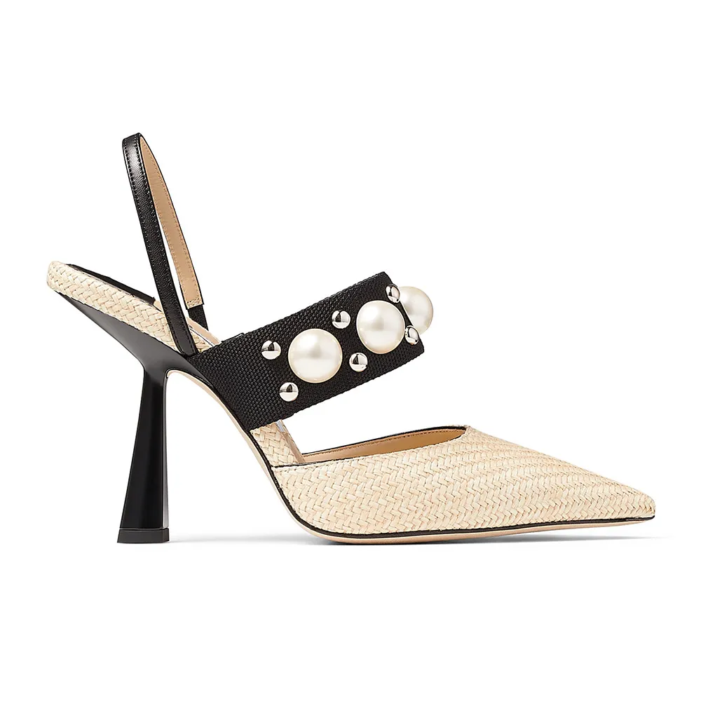 Jimmy Choo Women Breslin 100 Natural Raffia Slingbacks with Pearl and Stud Embellishments