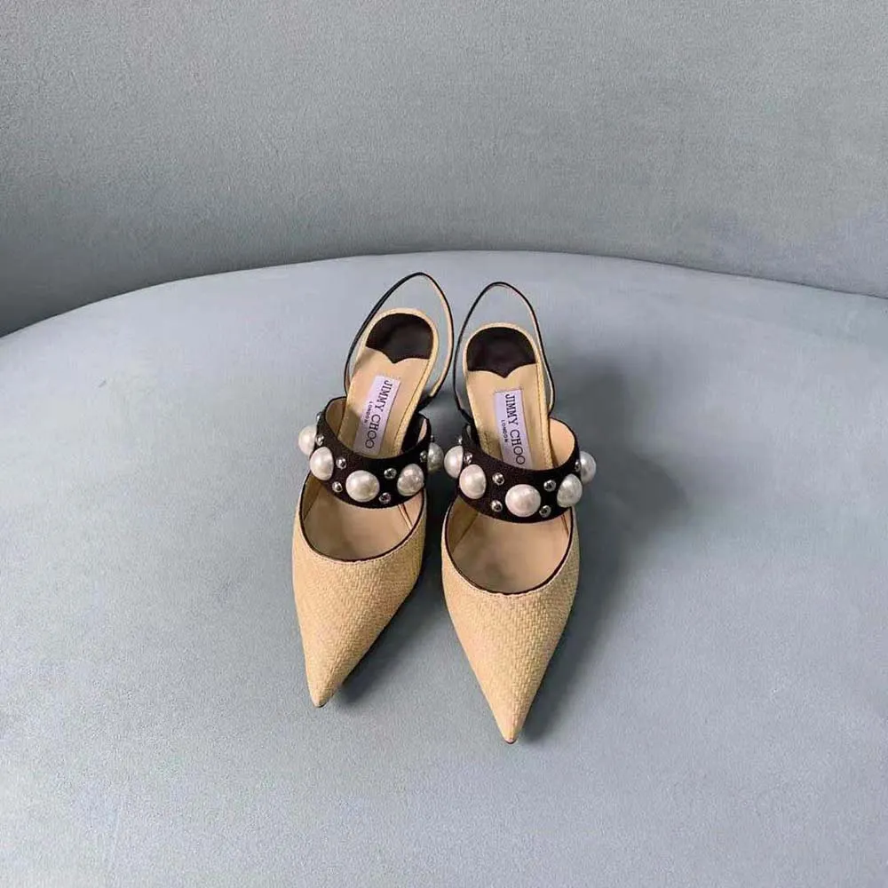 Jimmy Choo Women Breslin 100 Natural Raffia Slingbacks with Pearl and Stud Embellishments