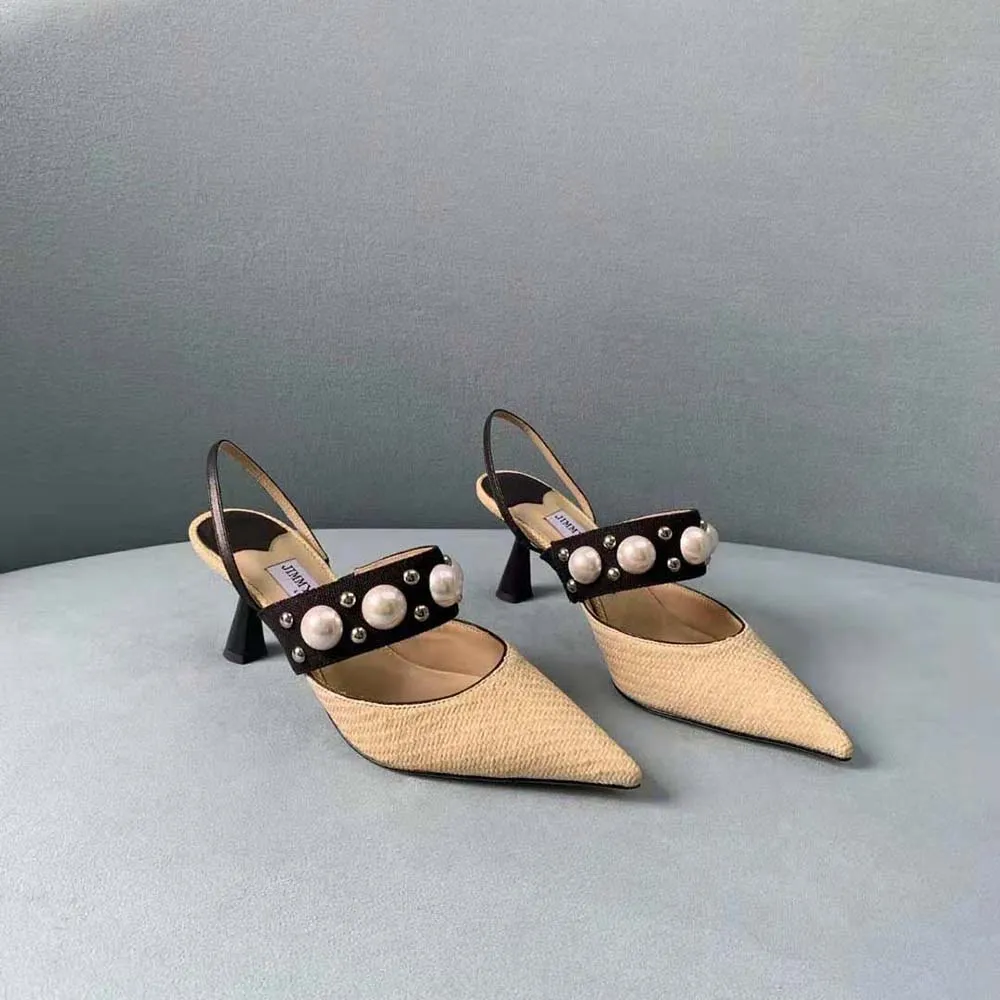 Jimmy Choo Women Breslin 100 Natural Raffia Slingbacks with Pearl and Stud Embellishments
