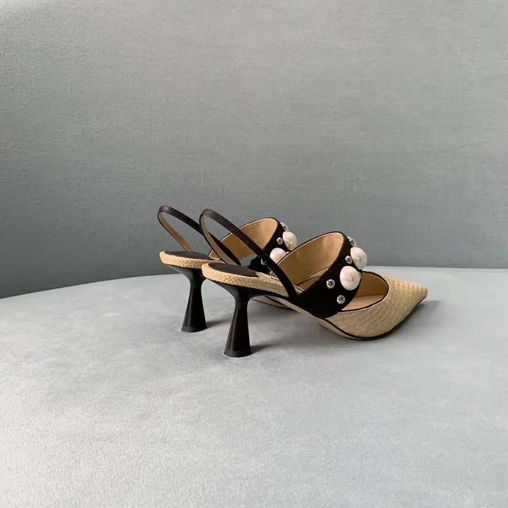 Jimmy Choo Women Breslin 100 Natural Raffia Slingbacks with Pearl and Stud Embellishments