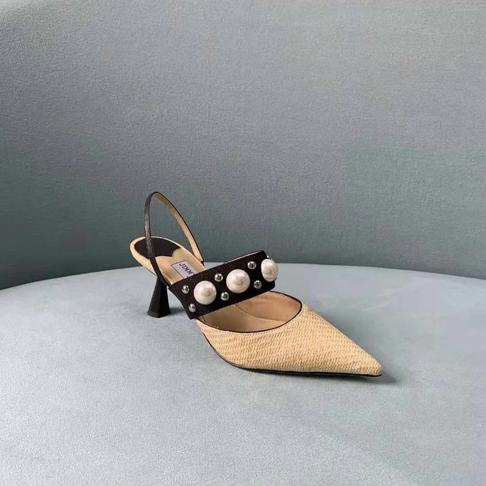 Jimmy Choo Women Breslin 100 Natural Raffia Slingbacks with Pearl and Stud Embellishments