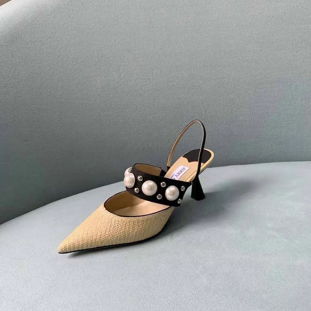 Jimmy Choo Women Breslin 100 Natural Raffia Slingbacks with Pearl and Stud Embellishments
