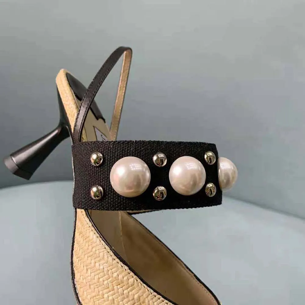 Jimmy Choo Women Breslin 100 Natural Raffia Slingbacks with Pearl and Stud Embellishments