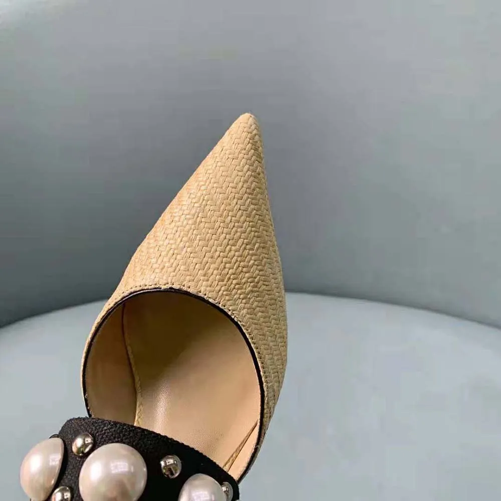 Jimmy Choo Women Breslin 100 Natural Raffia Slingbacks with Pearl and Stud Embellishments