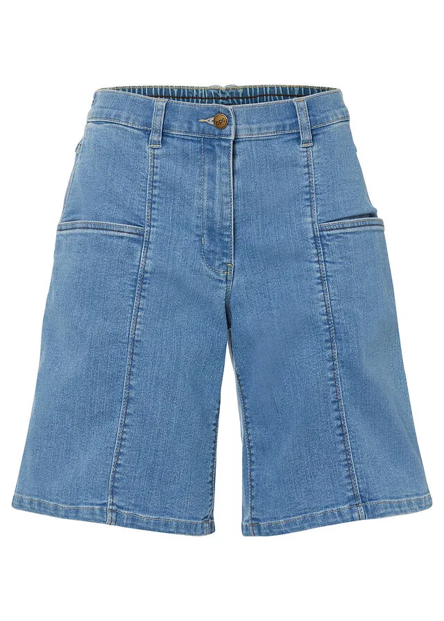 light blue denim Bermuda shorts with large pockets and comfortable waist