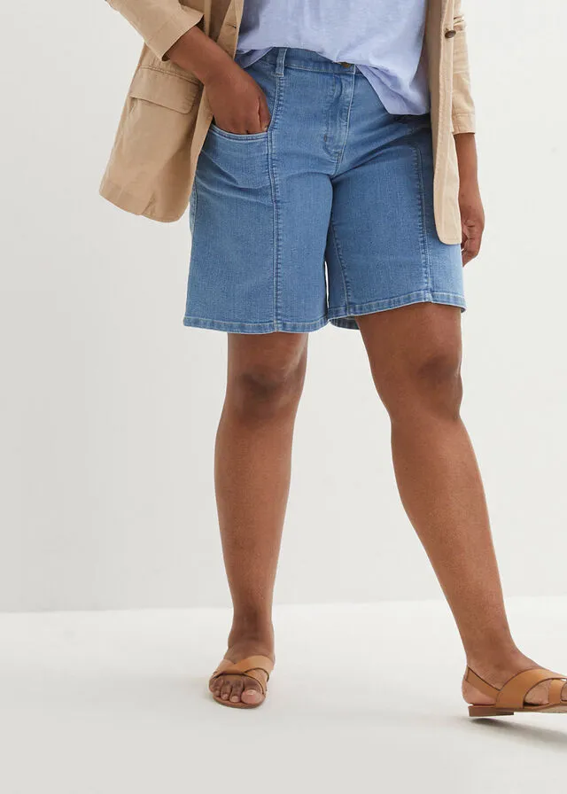 light blue denim Bermuda shorts with large pockets and comfortable waist