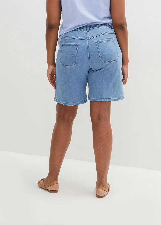 light blue denim Bermuda shorts with large pockets and comfortable waist