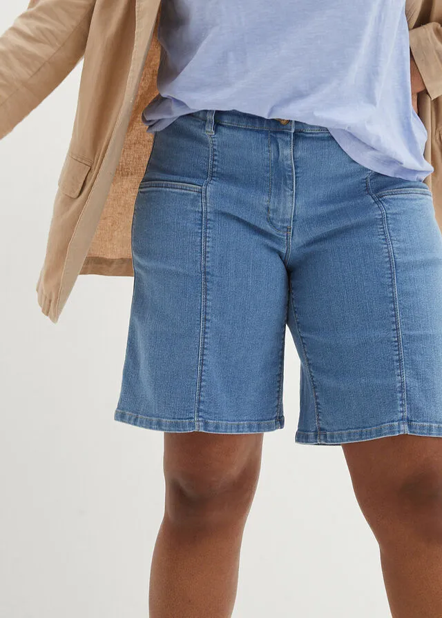 light blue denim Bermuda shorts with large pockets and comfortable waist