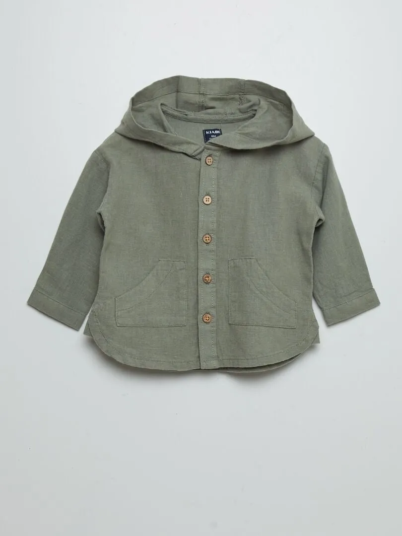 LINEN BLEND HOODIE SHIRT  GREEN.
