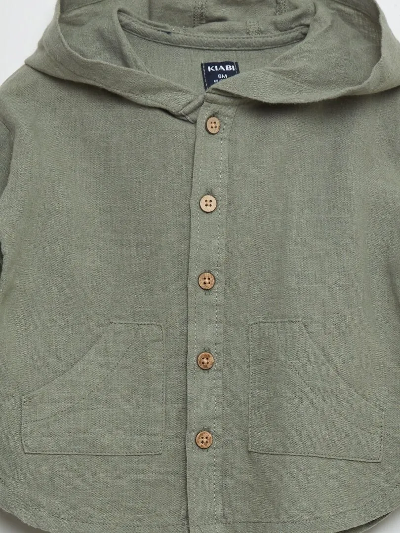 LINEN BLEND HOODIE SHIRT  GREEN.