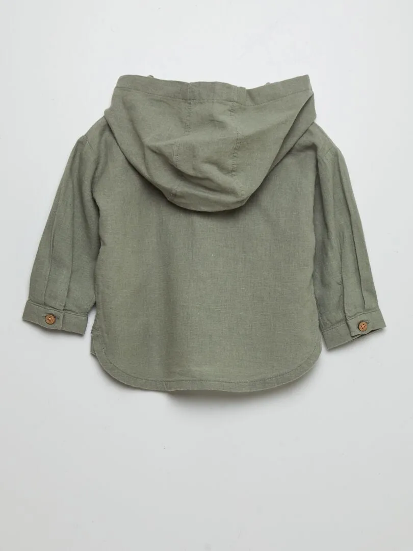 LINEN BLEND HOODIE SHIRT  GREEN.