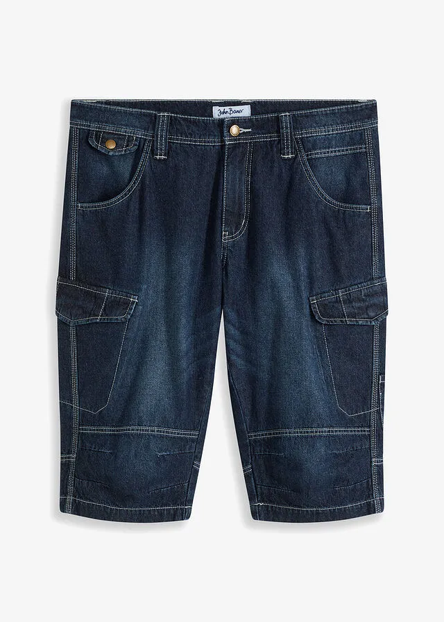 LONG DARK BLUE DENIM JEANS BERMUDA SHORTS, RELAXED FIT  ONE RESULT.