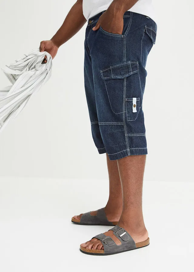 LONG DARK BLUE DENIM JEANS BERMUDA SHORTS, RELAXED FIT  ONE RESULT.