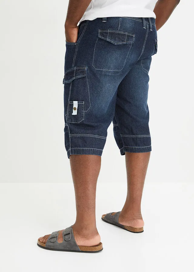 LONG DARK BLUE DENIM JEANS BERMUDA SHORTS, RELAXED FIT  ONE RESULT.