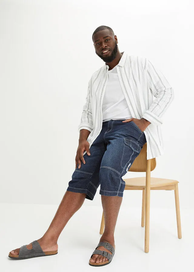 LONG DARK BLUE DENIM JEANS BERMUDA SHORTS, RELAXED FIT  ONE RESULT.