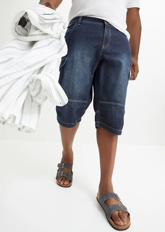 LONG DARK BLUE DENIM JEANS BERMUDA SHORTS, RELAXED FIT  ONE RESULT.