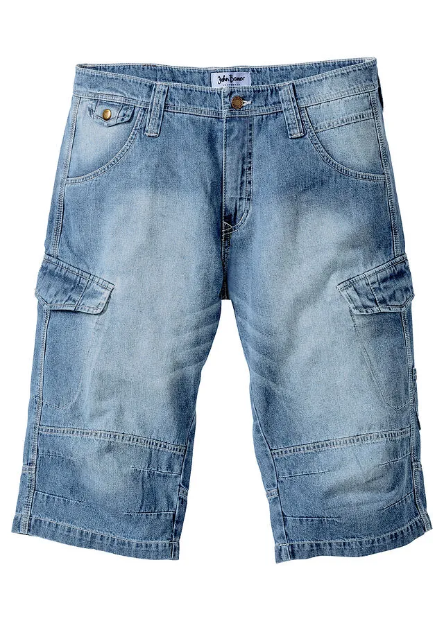 Long denim jeans shorts, loose fit medium denim jeans