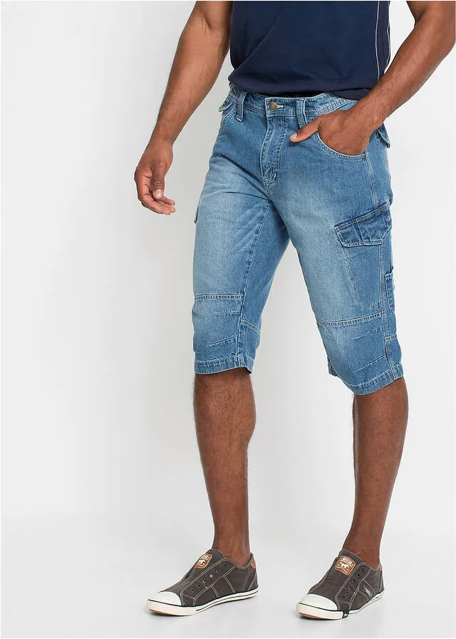 Long denim jeans shorts, loose fit medium denim jeans