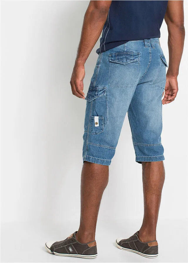 Long denim jeans shorts, loose fit medium denim jeans