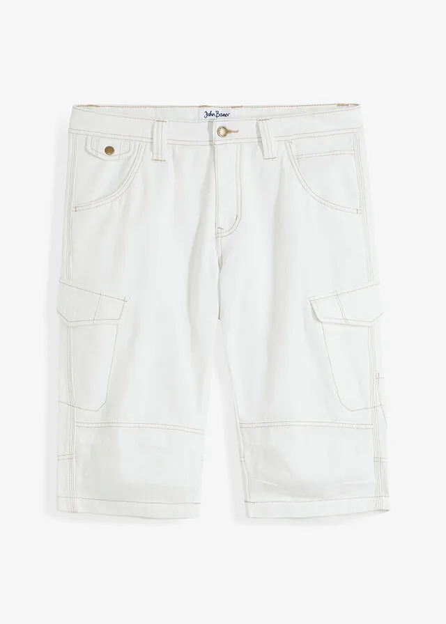 Long loose fit white wool denim Bermuda shorts.
