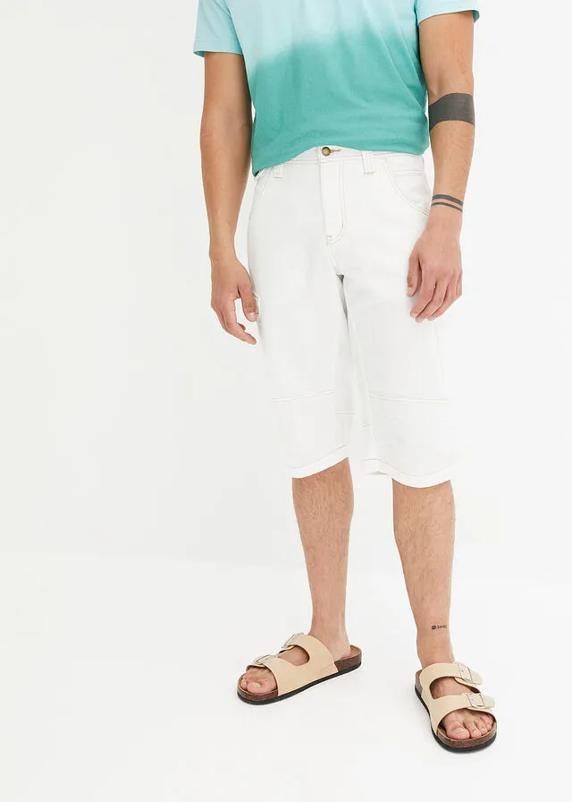 Long loose fit white wool denim Bermuda shorts.