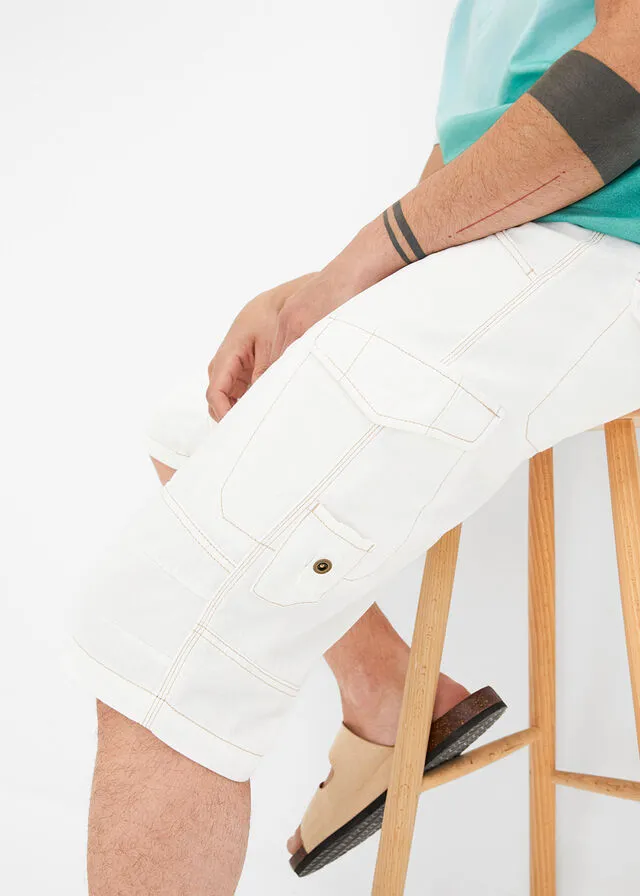 Long loose fit white wool denim Bermuda shorts.