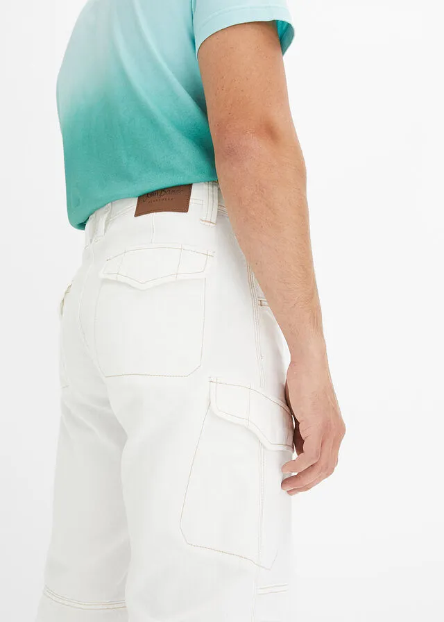Long loose fit white wool denim Bermuda shorts.