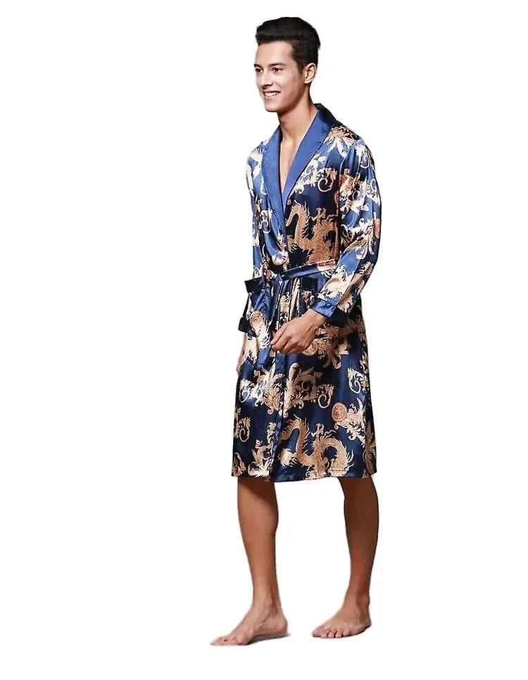 MEN'S ICE SILK LONGSLEEVED PRINTED ROBE HOME CLOTHES
