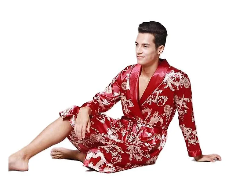 MEN'S ICE SILK LONGSLEEVED PRINTED ROBE HOME CLOTHES