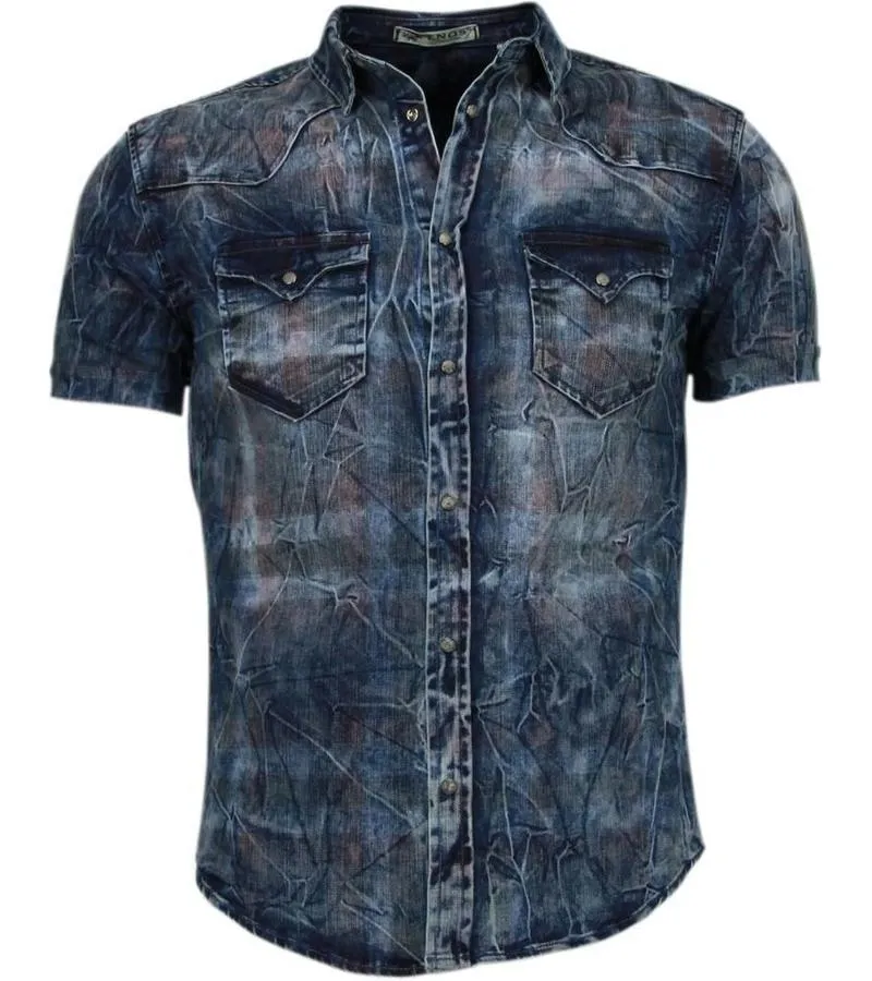 Men's Short Sleeve Color Print Blue Denim Shirts