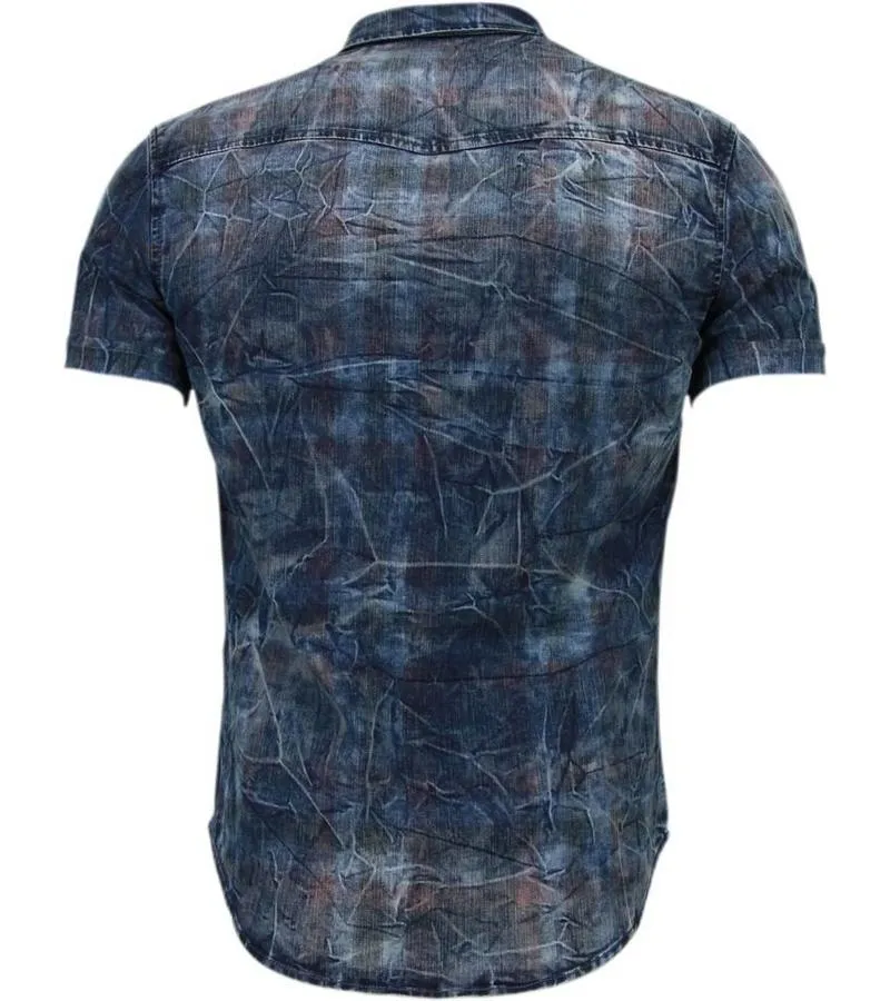 Men's Short Sleeve Color Print Blue Denim Shirts