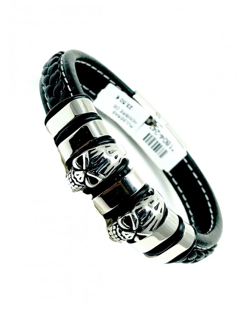 Men's steel and leather bracelets with small skulls.