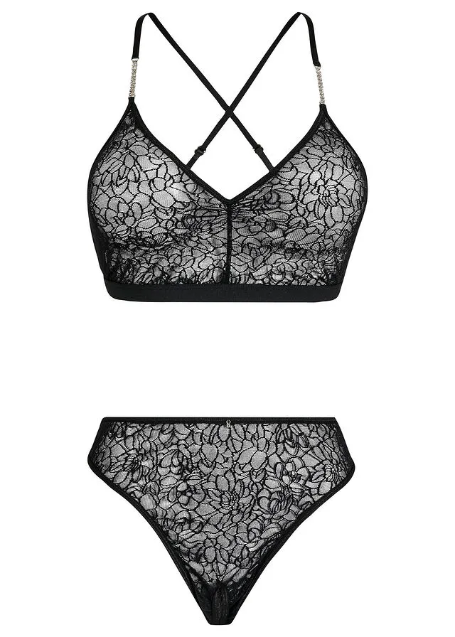Negro Bustier and Tanga Set with Openings and Sparkling Stones (2 Pieces)