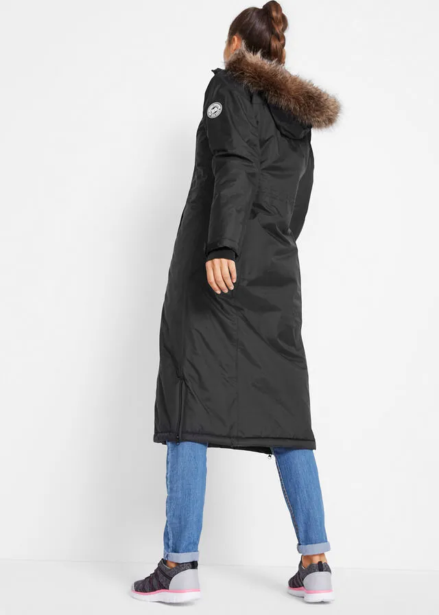 Outdoor black fur coat.