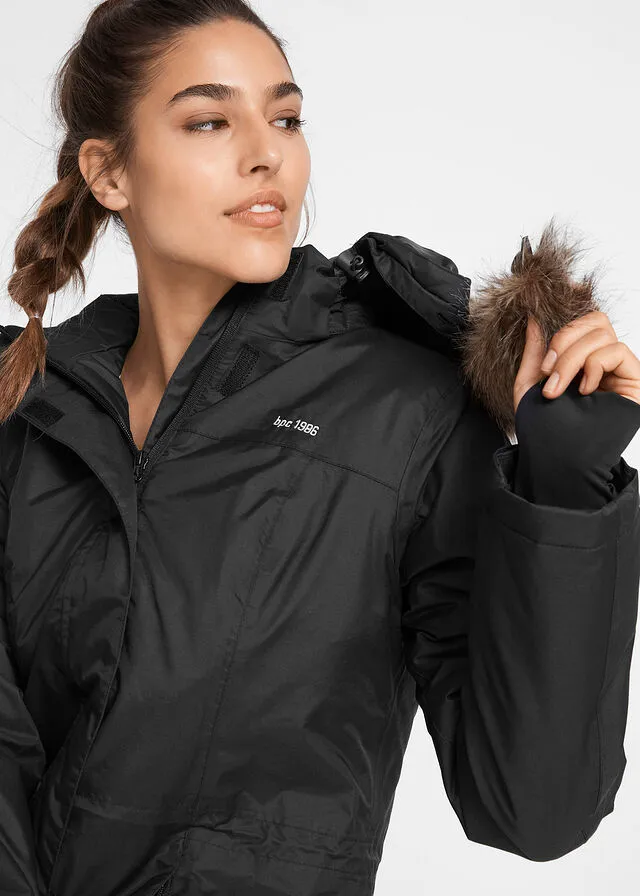 Outdoor black fur coat.