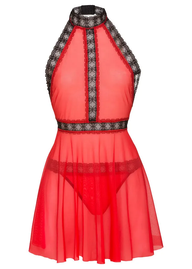 REDBLACK TWOPIECE CHEMISE AND THONG SET