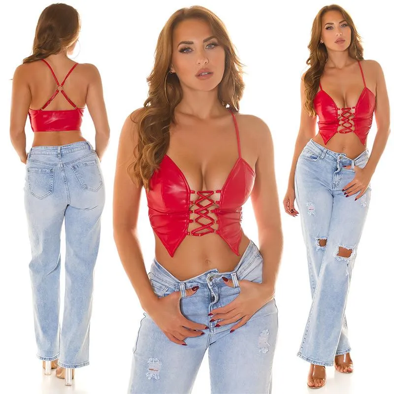 RED LACEUP TOP CROP WITH LEATHER EFFECT