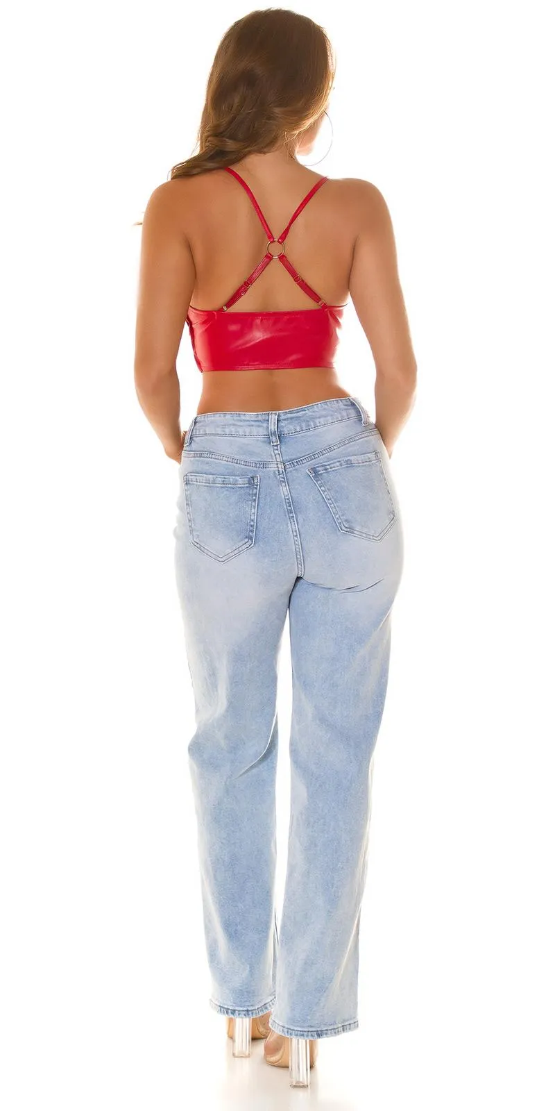 RED LACEUP TOP CROP WITH LEATHER EFFECT